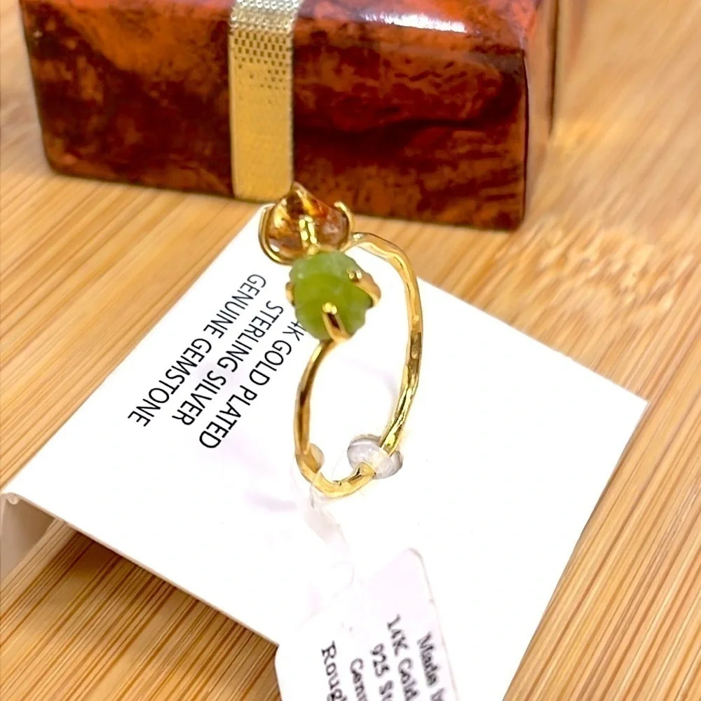 Brand New 14K Gold Plated Sterling Silver Genuine Gemstone Peridot Citrine Ring